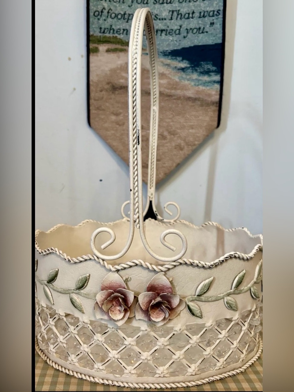 Shabby Chic aged and distressed metal basket 9”x13”